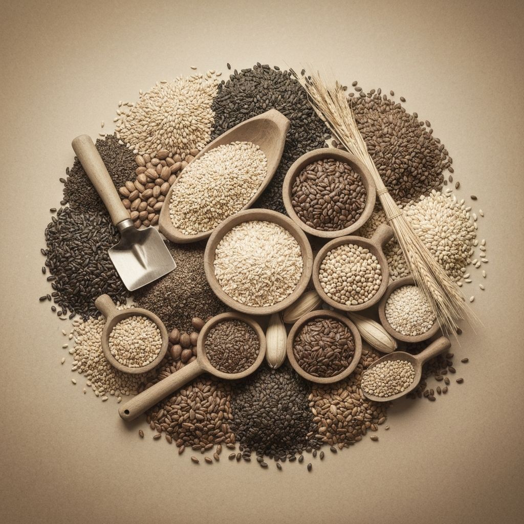 Gamla frön och gräsväxter som representerar arkeiska mat